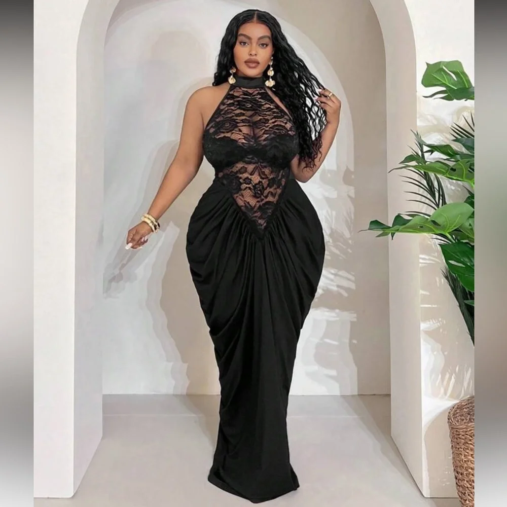 Black Backless Lace Halter Gown - Picture 6 of 8